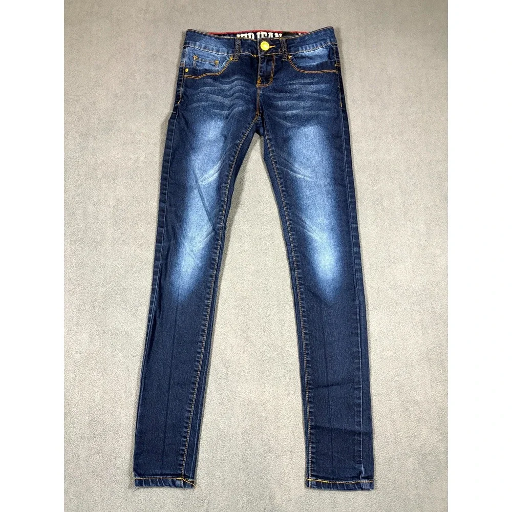 VIP Jeans Women 1/2 Blue Denim Medium Wash 5-Pockets Whiskered Skinny Leg Grunge